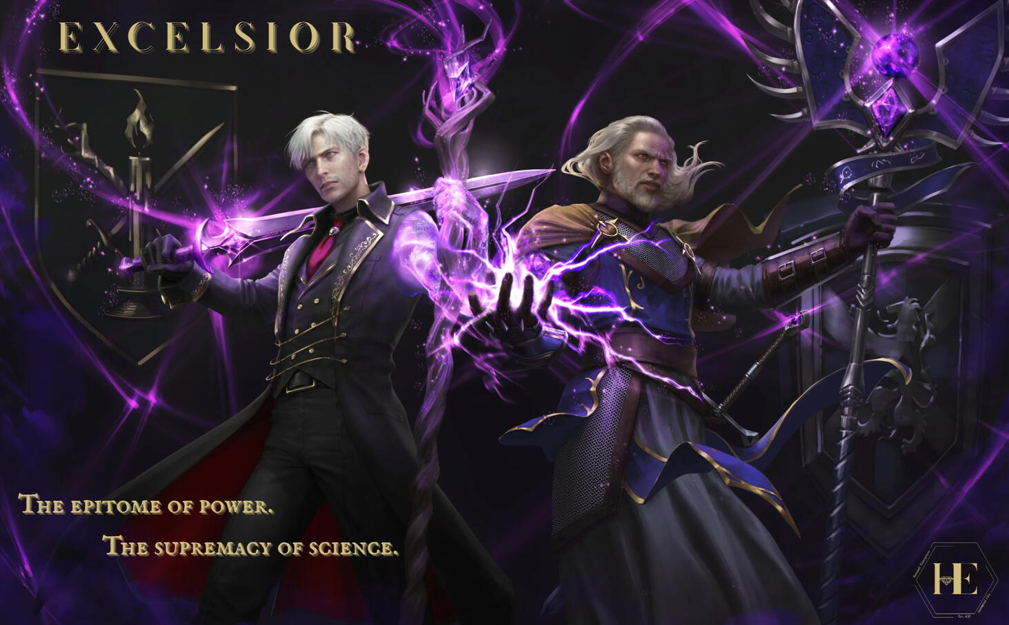 New Poster for Elinore's dad's "Excelsior" focus crystals business, ft. Kalom Altham [L], Ed Stede [R] (art by Hunnby, ad overlay by Elinore)