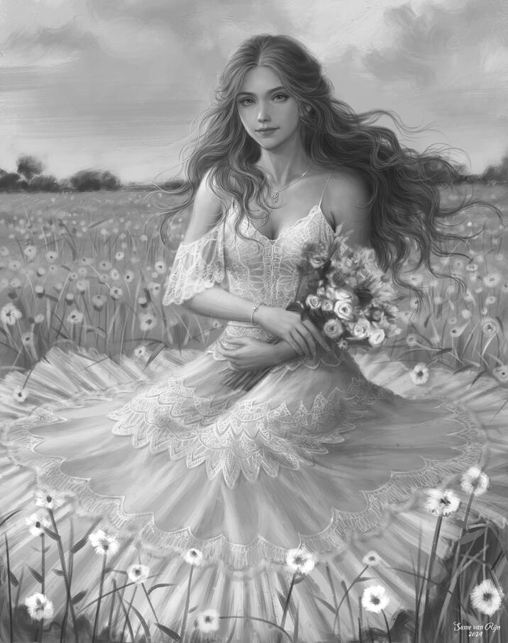 Flower Field Oil Painting - Greyscale (by Same-van-Rijn)