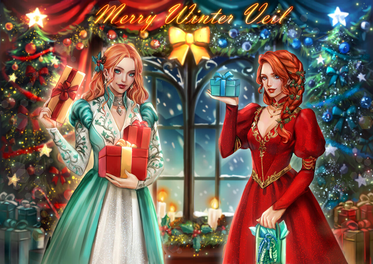 Winter Veil 2024 Hartwell &amp; Co advertisement poster, ft. Elinore [L], Lily Silver [R] (by Aireenscolor)