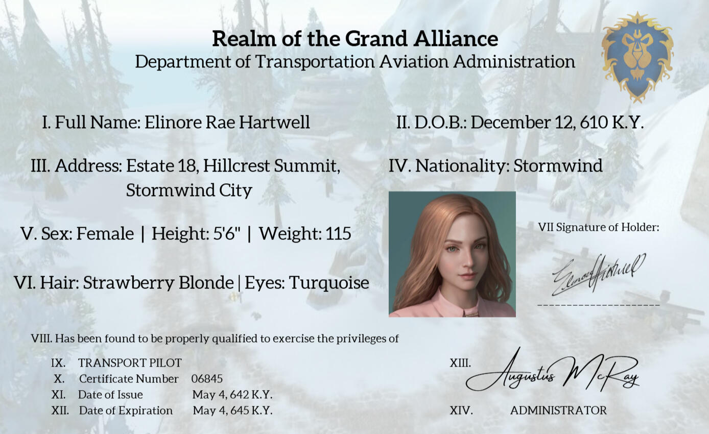 Updated Pilot License (by Elinore, portrait art by Hunnby)